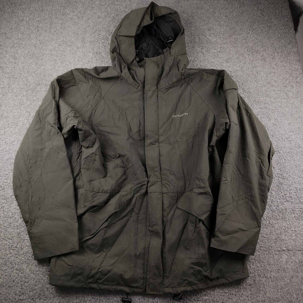 Carhartt WIP Mens Medium Hooded Rain Jacket Olive Green Nylon Full Zip Parka